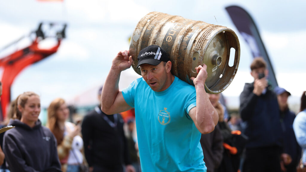 Contestant Edward Holmes at the 2026 Britain's Fittest Farmer qualifiers, Diddly Squat Farm