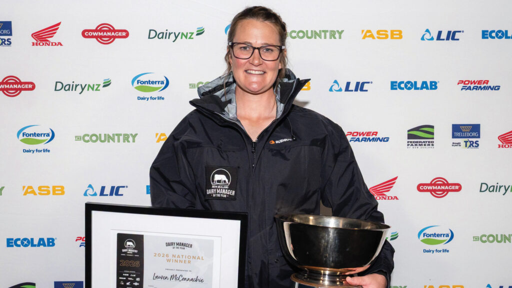 Lauren McConnachie receiving the DairyNZ 2026 Dairy Manager of the Year award