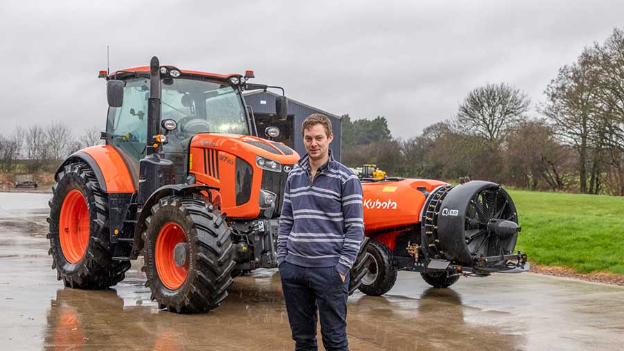 Ed Turner with Kubota XTA air-blast trailed sprayer in background