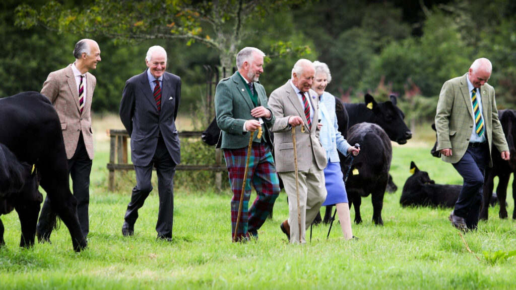 Pictured with the King, from left, Crispian Cook, Factor at Ballindalloch estate, Oliver Russell, Aberdeen Angus Cattle Society president, Matthew Currie, Clare Russell, and farm manager David Johnstone © Pinstone