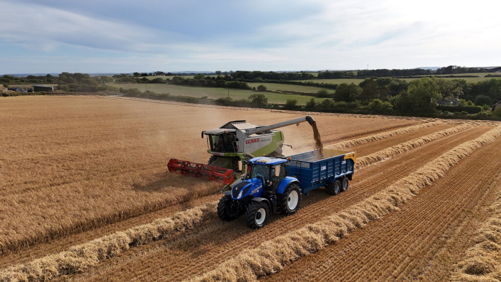 Spring barley being cut by J&J Kerkin contractors, Cornwall