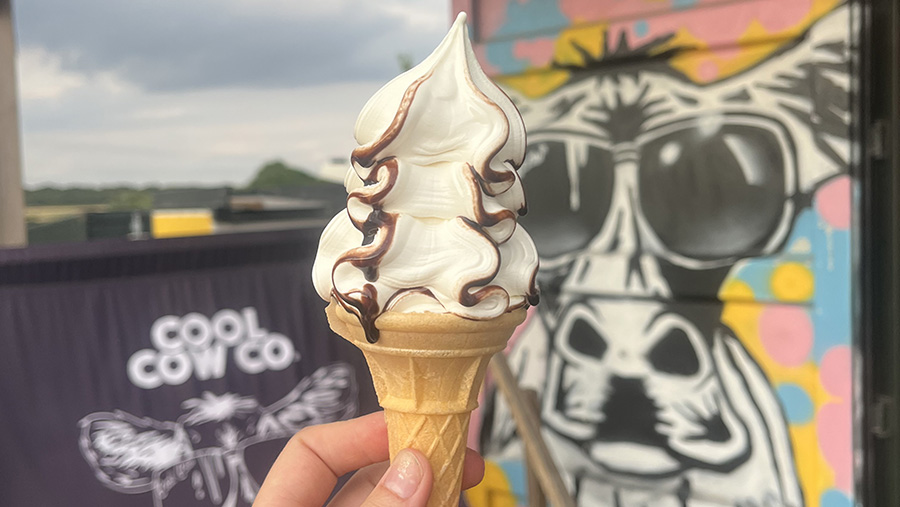 Ice cream cone in fromnt of Cool Cow Co shop