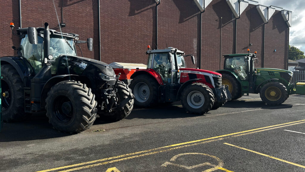 Tractors lined up in the school car park