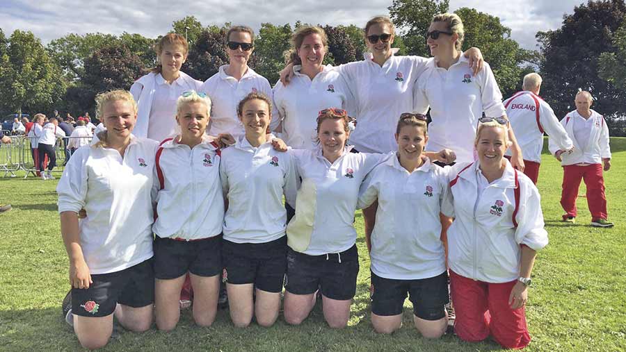 Haldon Ladies at the British & Irish Championships. Back row (left to right): Lauren Woodman, Georgina Davie, Lucy Thomas, Alice Giles and Suze Allanson-Bailey. Front row (left to right): Lauren Rich, Sophie Down, Kaye Wotton, Emma Davie (captain), Alice Palfrey and Georgia Woodman