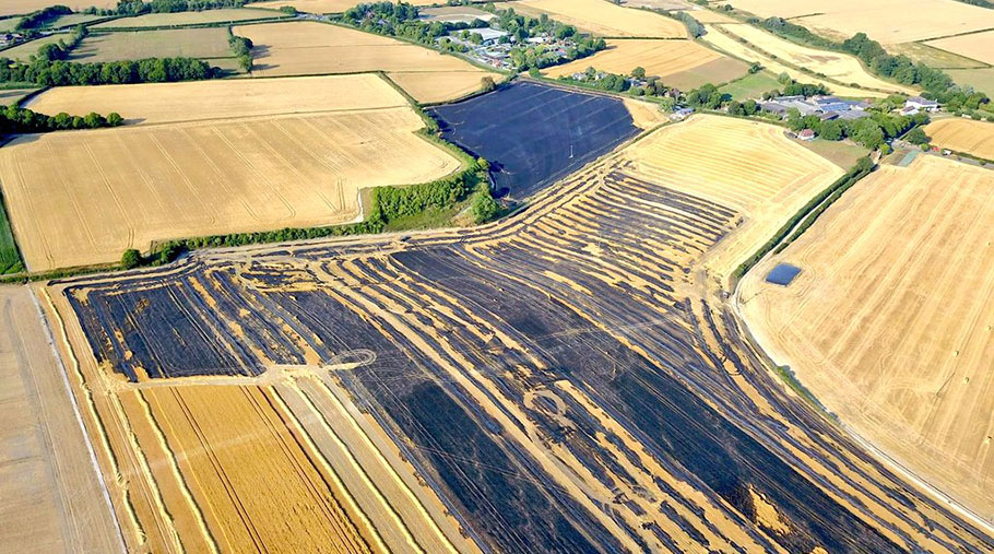 An aerial view of the burned out field