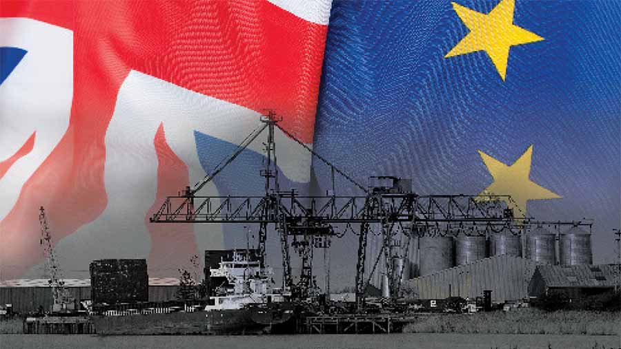 EU and UK flag behind a grain ship