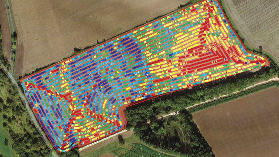 (1) A combine yield map showing raw data from the combine
