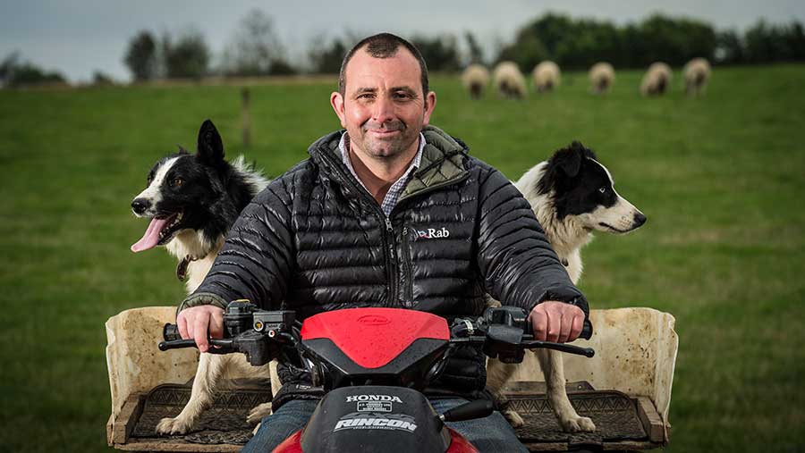 James Read on a quad bike with two sheepdogs