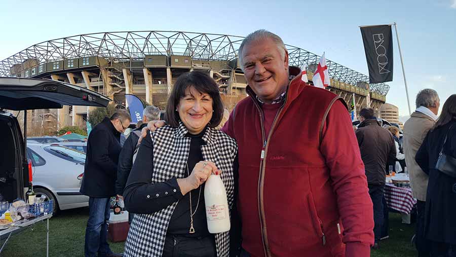 Jo Borroughs and husband David outside Twickenham stadium before the England v France match on Saturday