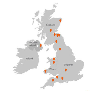 A map showing the location of the real-time parasite monitoring farms