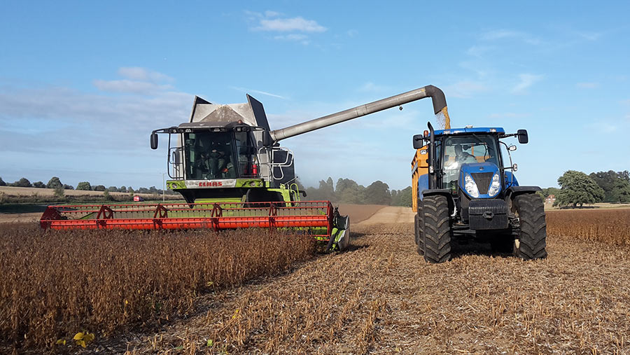 Mark Izard combining his first soya crop in Kent