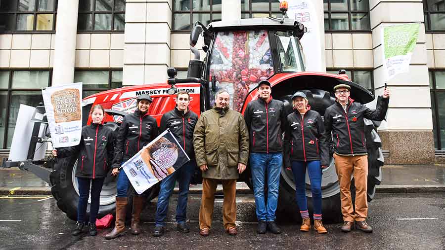 Meurig Raymond (centre) at the Lord Mayor's Show with a tractor and other supporters