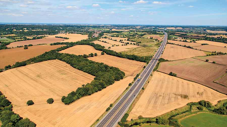 Aerial view of road through farmland