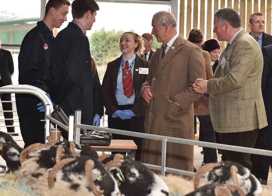 Prince Charles talks to students and farmers at Low Beckside Farm © Askham Bryan College