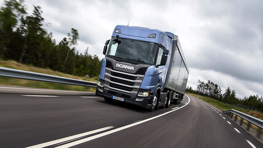 One of the vehicles in Scania's new truck range on the road