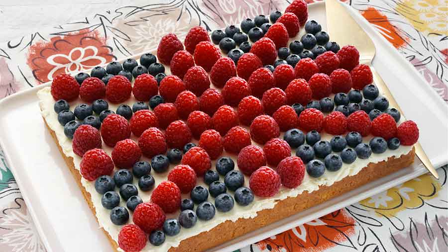 Cake decorated with berries in the shape of the Union Jack