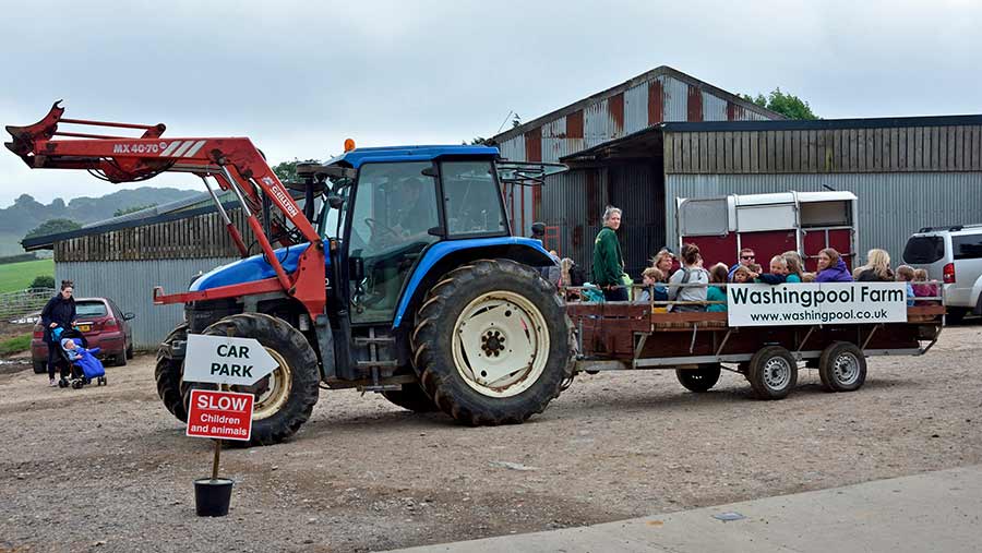 A tractor takes visitors around a farm