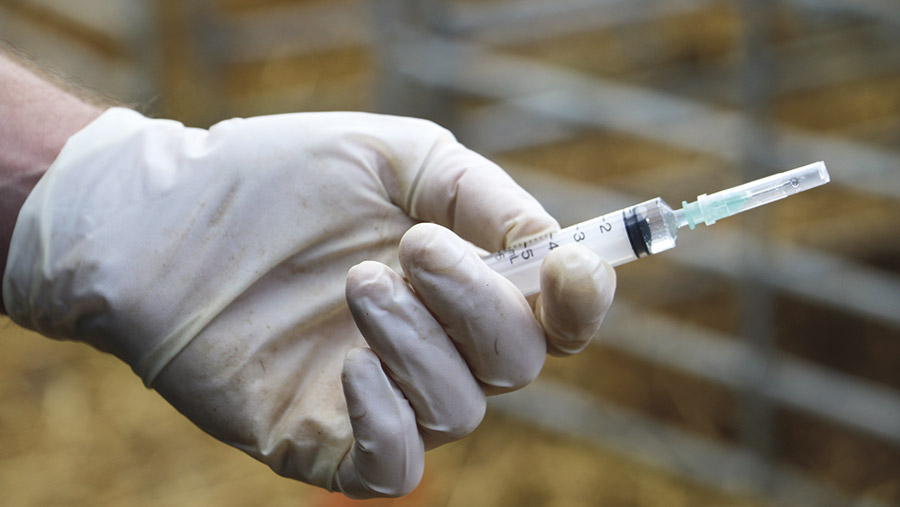 A gloved hand holds a syringe