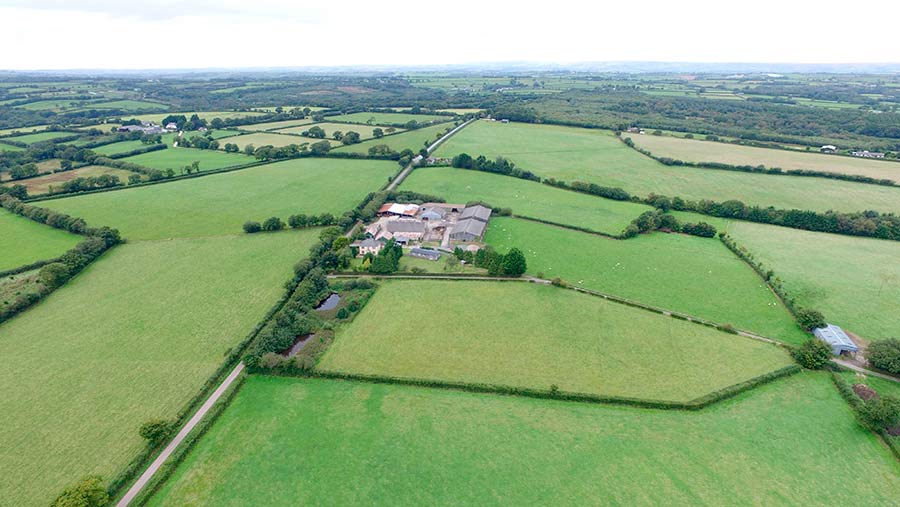 An aerial photograph of pasture land