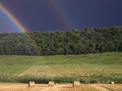 rainbow over field with bales