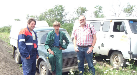 From left: Sergey the agronomist, Sergey the farm foreman and Robin Jewer