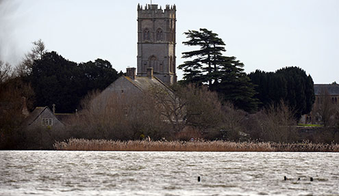 St Michaels church on the top of Burrow Mump overlooking floods